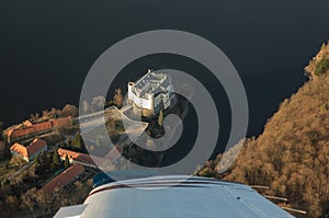 Castle Orlik under Orlik dam, view from airplane, Czech medieval stronghold in the Southern Bohemia, Czech Republic.