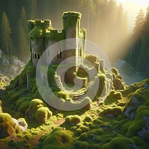 Castle Overgrown with Moss and a Forest Sunset. AI Generated