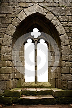 a castle or palace Gothic arch stone medieval window. Brick, stone wall. Isolated transparent background.