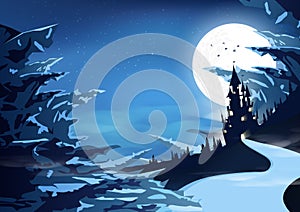 Castle palace in mystical of icy mountains arctic landscape silhouette fantasy abstract background vector illustration