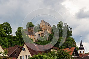 Castle Pottenstein and houses in Franconian Switzerland, Germany