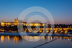 Castle of Prague and Charles Bridge during blue hour