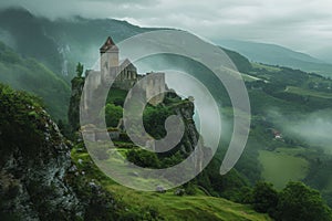 A castle proudly stands atop a misty mountain, creating a mysterious and awe-inspiring scene, Medieval fortress in a lush green