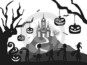 Castle, pumpkin, costume kids, tree, bat halloween silhouette black and white