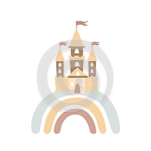 Castle on the rainbow isolated on white. Vector illustration in Scandinavian style