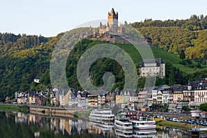 Castle Reichsburg sits above the medieval town of Cochem on the Mosel River, Germany
