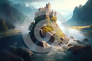 Castle on river island at sunset, fantasy mountain landscape, illustration, generative AI