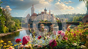 Castle by river in summer, landscape with old palace, bridge and flowers. Theme of nature, garden, medieval history, sky