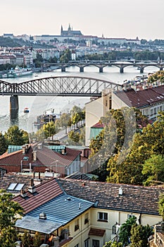 Castle and river Vltava with bridges, Prague, Czech republic
