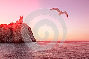 Castle on the rock, sea landscape view in red tones with flying sea gull