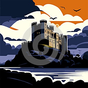 Castle on the rock in the sea at sunset. Vector illustration Generative AI