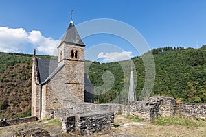 Castle ruin and church tower village Esch-sur-Sure in Luxembourg