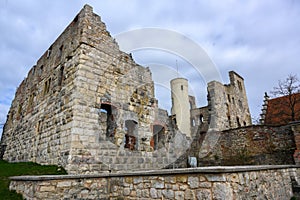 Castle ruin Hellenstein on the hill of Heidenheim an der Brenz in southern Germany against a blue sky with clouds, copy space photo