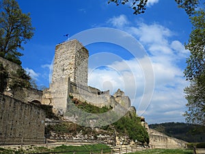 Ruins of spur castle medieval fortification in Germany