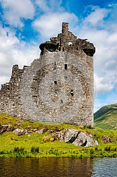 Castle, a ruined 15th-century structure on the banks of Loch Awe, in Argyll and Bute, Scotland.