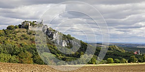 The castle ruins of Falkenstein on a limestone cliff in Weinviertel, Lower Austria