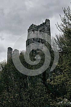 Castle ruins on a hill in Konigswinter on cloudy day