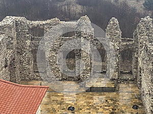 Castle ruins in Rabsztyn in Poland in foggy weather.