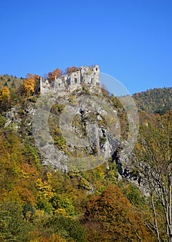 Zrúcanina hradu a jesenné stromy na Slovensku