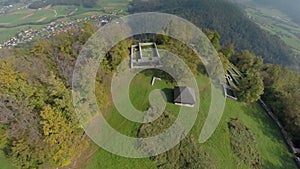 Castle ruins on top of the hill in the countryside