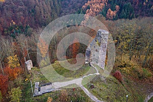 Castle ruins Waldenburg the oldest profane cultural monument with the surrounding landscape from a bird\'s eye view