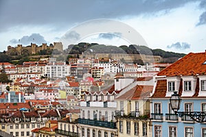 Castle of Saint George and Lisbon downtown at dusk