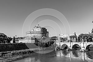 Castle Sant Angelo Mausoleum of Hadrian, bridge Sant Angelo and river Tiber in Roma, Italy. Architecture and landmark of Rome