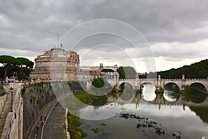 Castle Sant Angelo and Ponte Sant Angelo with its Angel Statues - Rome, Italy