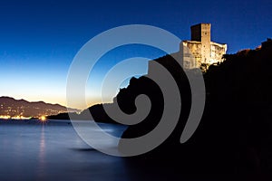 Castle on the sea at sunset in Italy