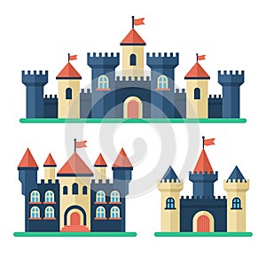 Castle set in flat style. Medieval buildings fortress fantasy gothic architecture towers. Royal kingdom towers, old