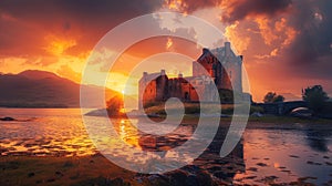 Castle silhouette against dramatic sunset backlighting, creating stunning visual impact photo