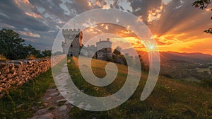 Castle silhouette against glowing sunset with dramatic backlighting capturing an accelerated photo photo