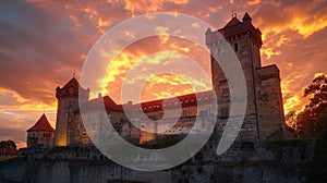 Castle silhouette with dramatic backlighting against sunlight, creating a striking visual impact photo