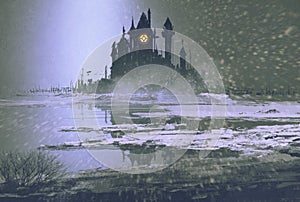 Castle silhouette in winter at night