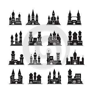 Castle silhouettes. Medieval fortress ancient towers vector flat buildings kingdom