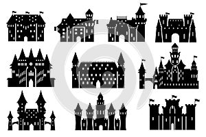 Castle silhouettes. Royal tower exterior, medieval kingdom palace and old fortress stencil vector illustration set