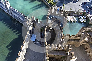 Castle in sirmione top view. View from the top of the castle walls of Scaliger Castle inside Lake Garda. Sirmione, Italy. Nature