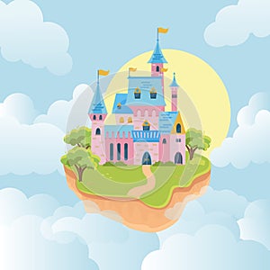 Castle in sky. fairytale medieval building in flying island. Pink walls and towers kingdom architectural object in sky
