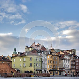 Castle square in Warsaw old town. Colorful houses