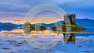 Castle Stalker on Loch Linnhe at sunset. Scotland