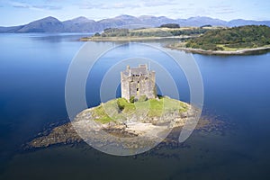 Castle stalker at Port Appin in Argyll and Bute Highlands Scotland aerial birdseye view from above