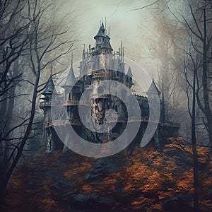 castle stand tall in a dark forest surrounded by a dead and leafless trees generated AI