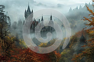 A castle stands tall in the midst of a foggy forest, creating an eerie and atmospheric scene, Gothic castle hidden in the chill