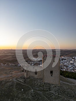 the castle of the star in the municipality of Teba as seen from a drone at sunset, Andalusia