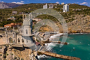Castle Swallow`s Nest, Crimea. Castle is located in the urban area of Gaspra, Yalta. Aerial shot