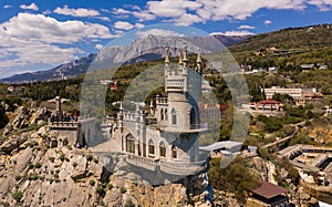 Castle Swallow`s Nest, Crimea. Castle is located in the urban area of Gaspra, Yalta. Aerial shot