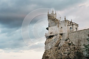 Castle swallow`s nest, stands on a rock at the cliff on the background of the black sea.