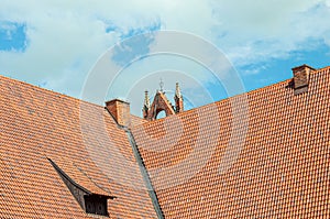 Castle tiled roof Malbork. The Castle of the Teutonic Order in Malbork by the Nogat river. Poland. Roof with windows and chimneys