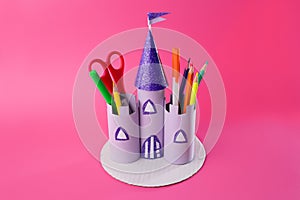 Castle toilet paper roll craft concept for kid and kindergarten, how to make pencil holder, step by step instruction photo