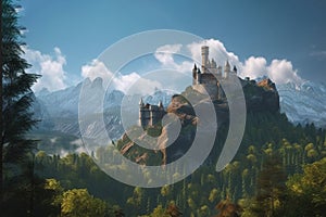 Castle on the top of Mountain in the Forest Created with Generative AI Technology